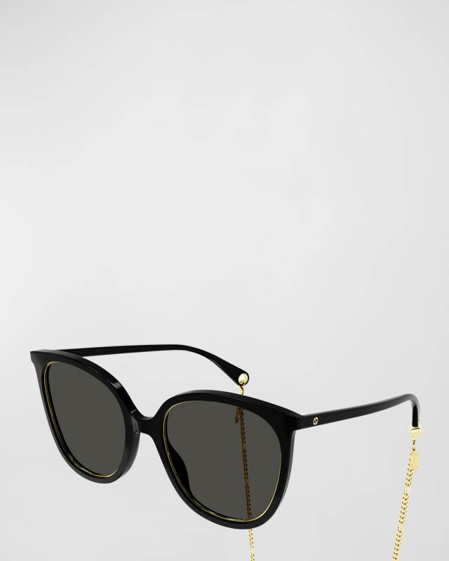 Round Metal & Acetate Sunglasses w/ Detachable Chain